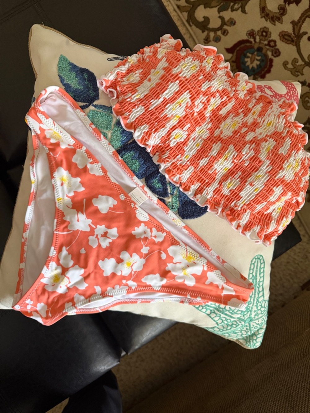 Cupshe Coral Floral Smocked Bandeau Bikini Set